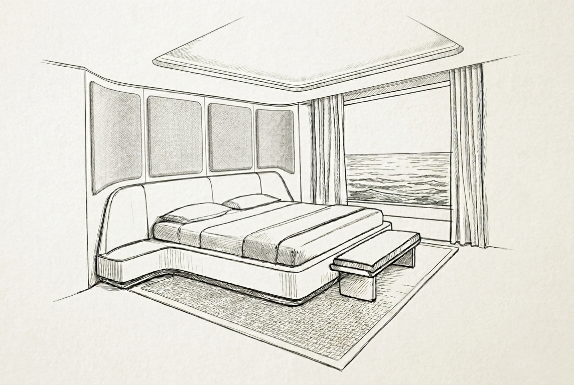 Hand-drawn concept sketch of a yacht cabin interior
