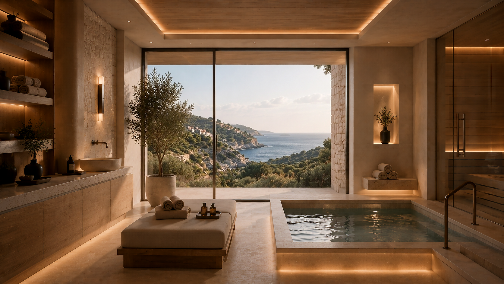 Spa and wellness interior with panoramic hillside view