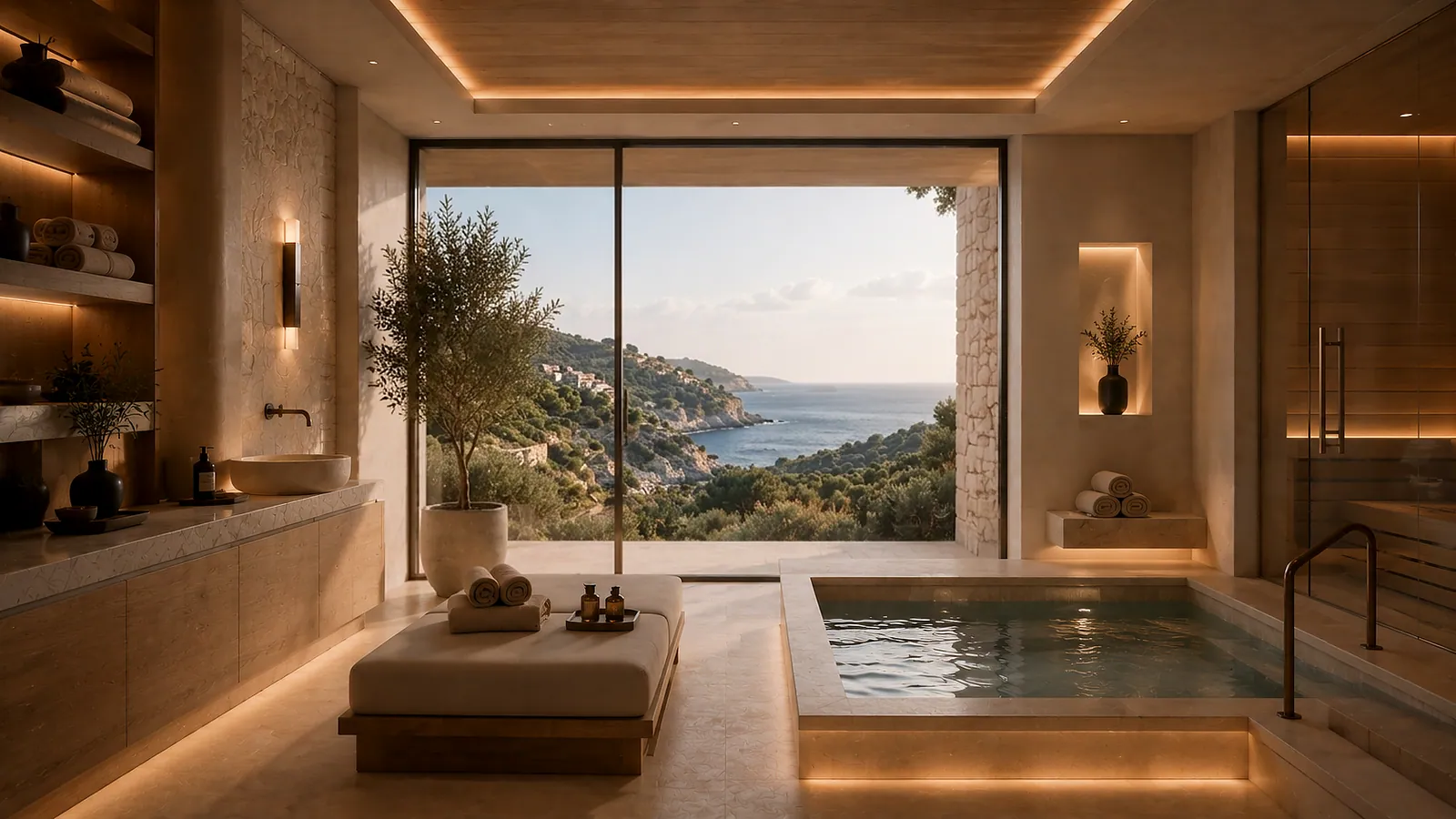 Spa and wellness interior with panoramic hillside view