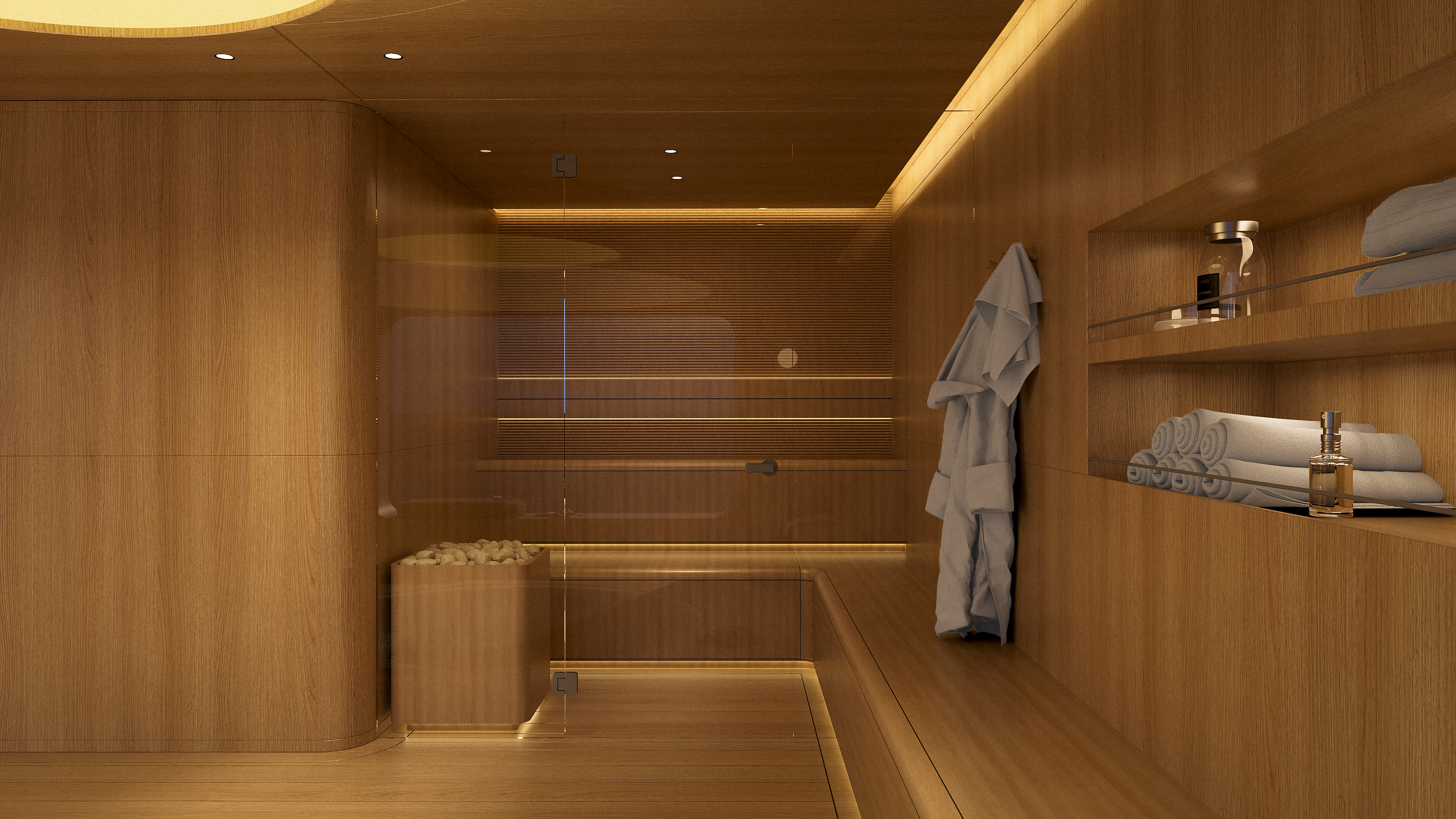 Spa detail — warm wood panelling, robe and rolled towels