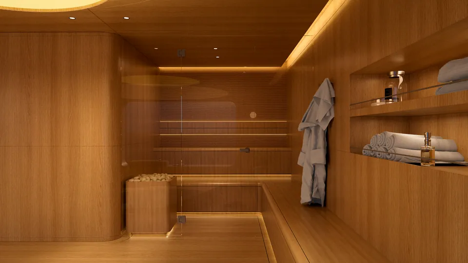 Spa detail — warm wood panelling, robe and rolled towels