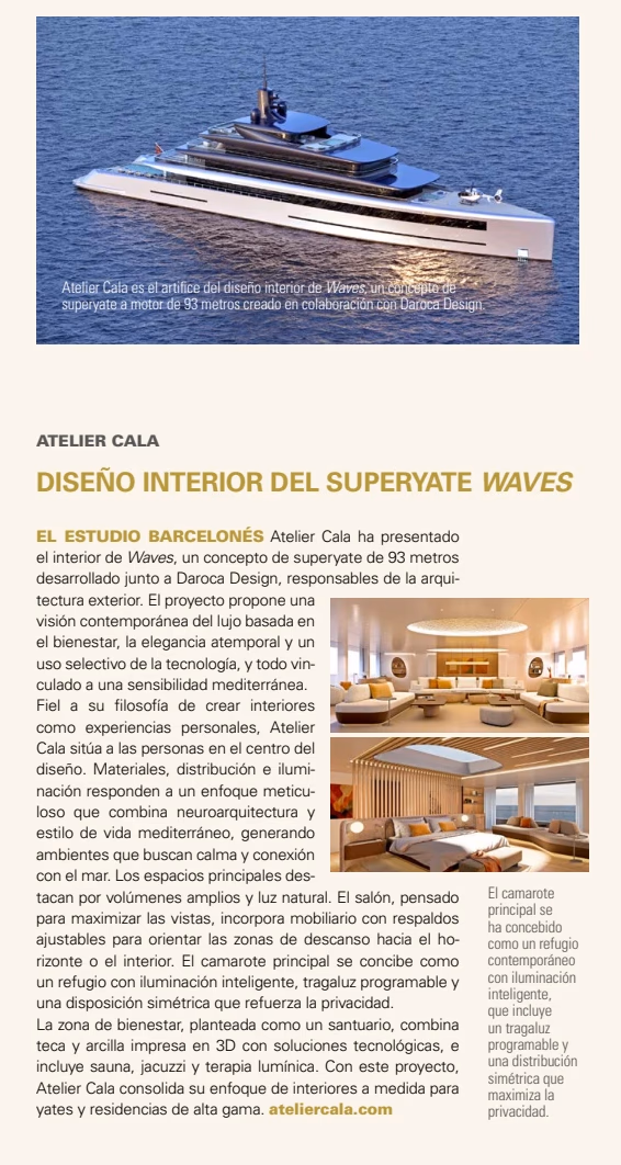 Waves superyacht interior render, as featured in Náutica y Yates magazine