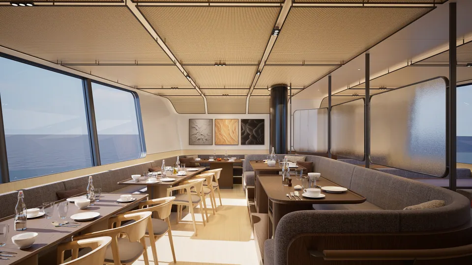 SailXplorer XV53 dining area set for breakfast — multiple tables with morning place settings beside the windows