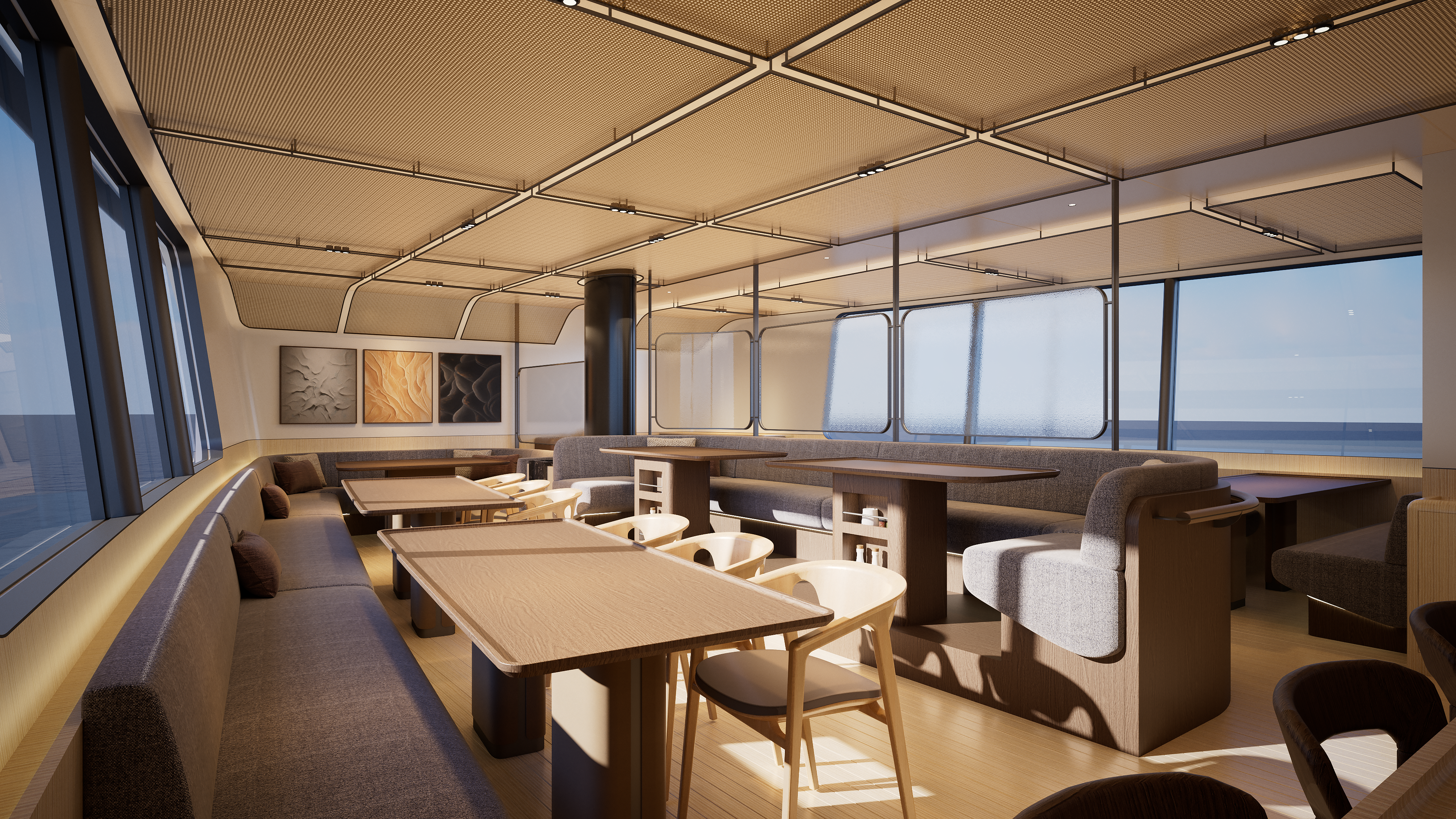 SailXplorer XV53 dining area — banquette seating and multiple tables beneath a triangulated ceiling, facing the ocean