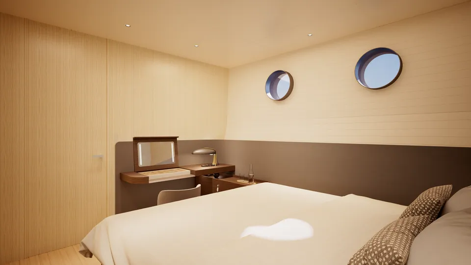 SailXplorer XV53 guest cabin — fold-out vanity mirror and desk beside the bed