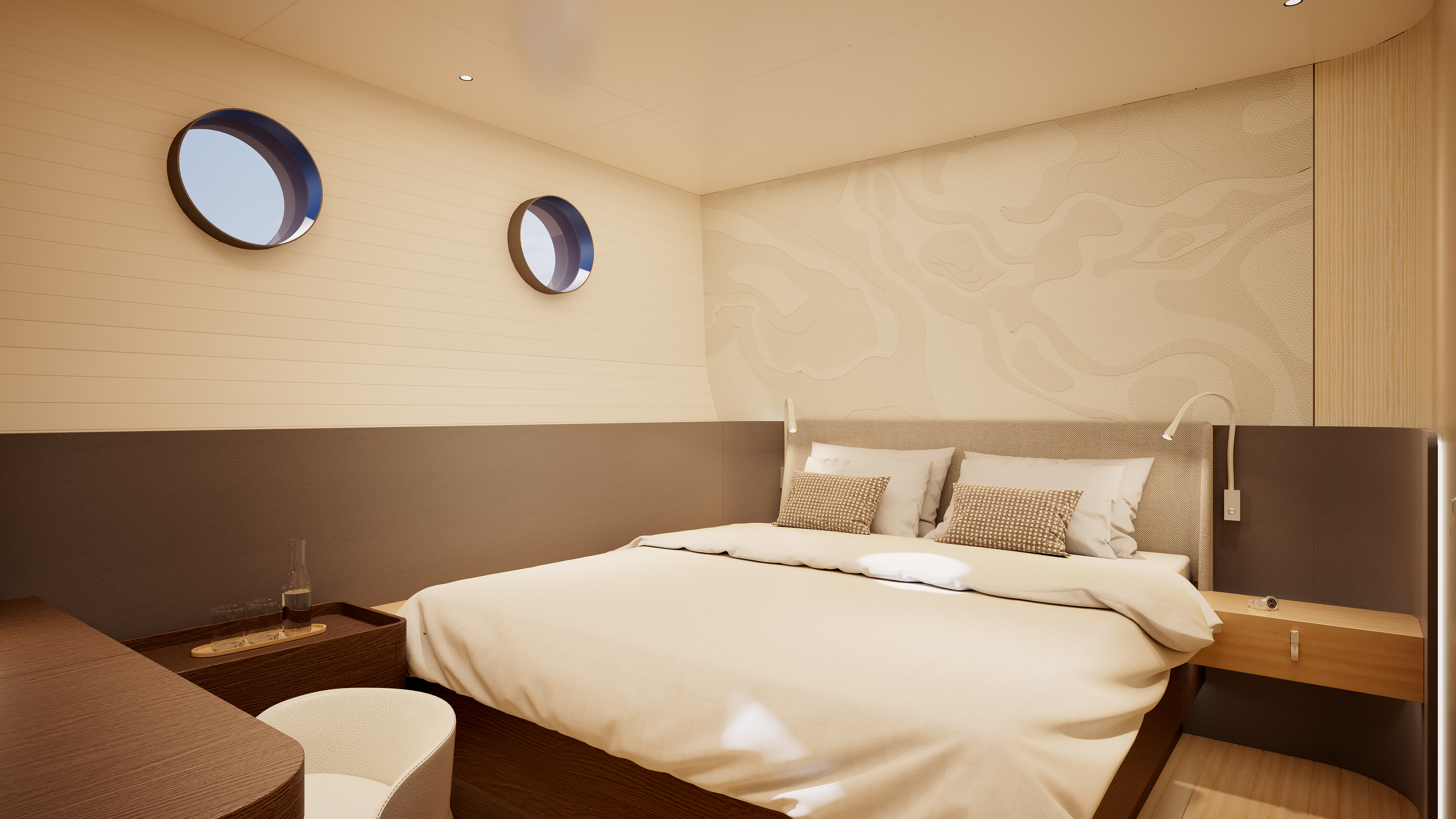 SailXplorer XV53 guest cabin — calm bedroom with a bathymetry-patterned wall panel and porthole windows