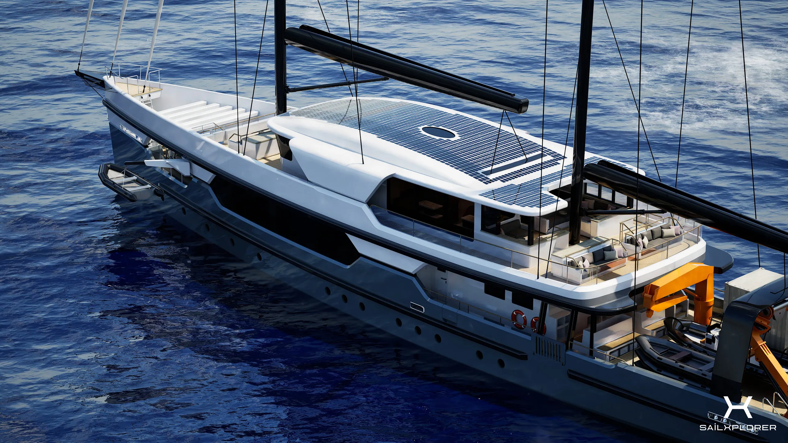 SailXplorer XV53 underway — aerial three-quarter view with solar-panel deck and sails raised