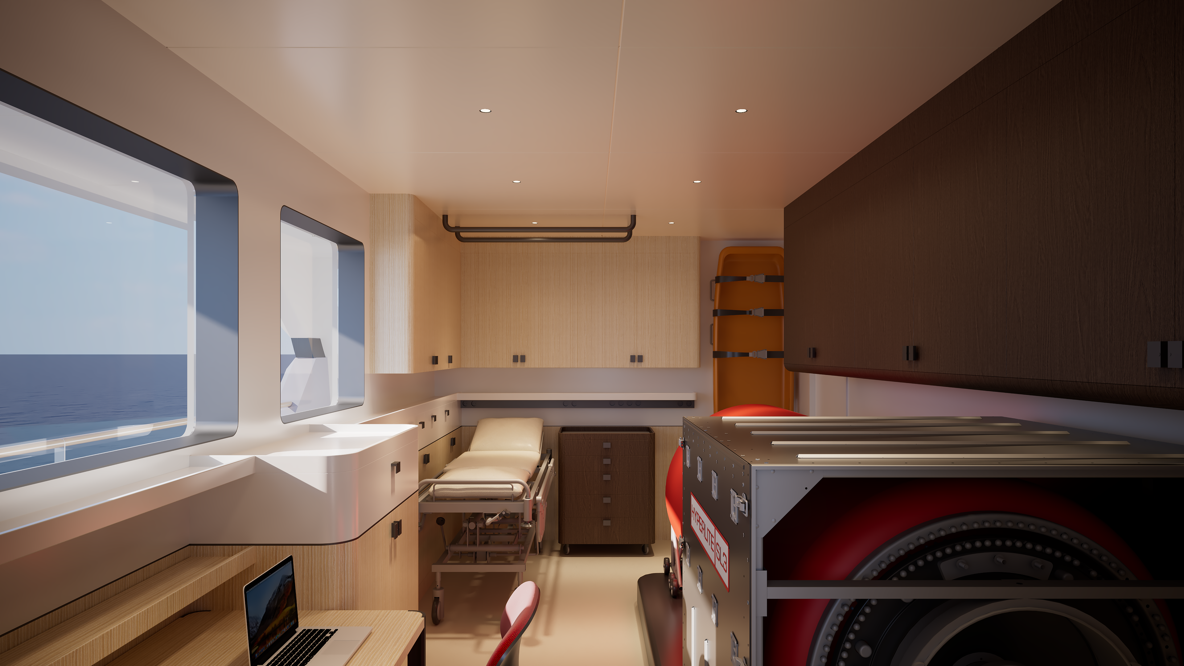 SailXplorer XV53 medical room — clinical bed, storage and rescue equipment beside an ocean-view window
