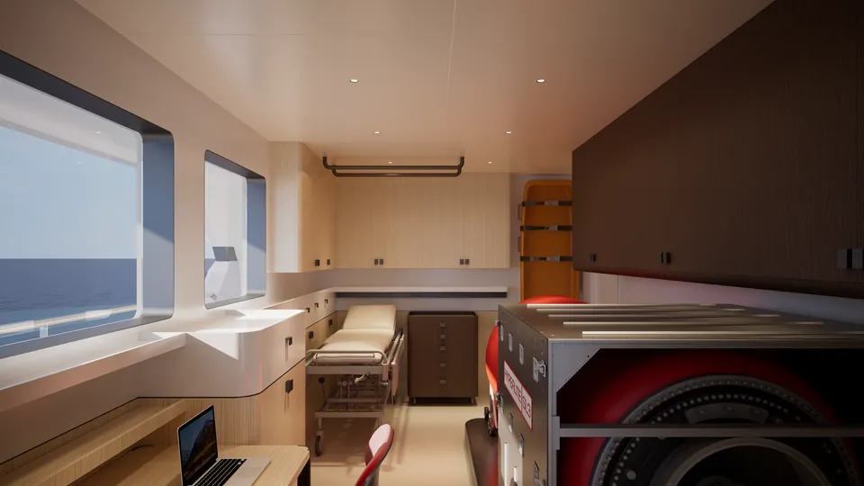 SailXplorer XV53 medical room — clinical bed, storage and rescue equipment beside an ocean-view window