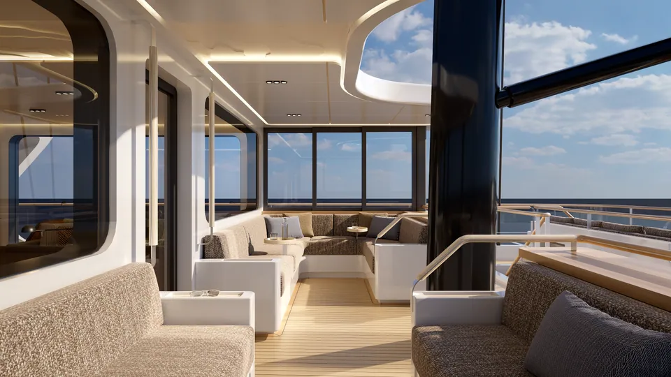 SailXplorer XV53 saloon — corner sofas around the mast beneath floor-to-ceiling windows