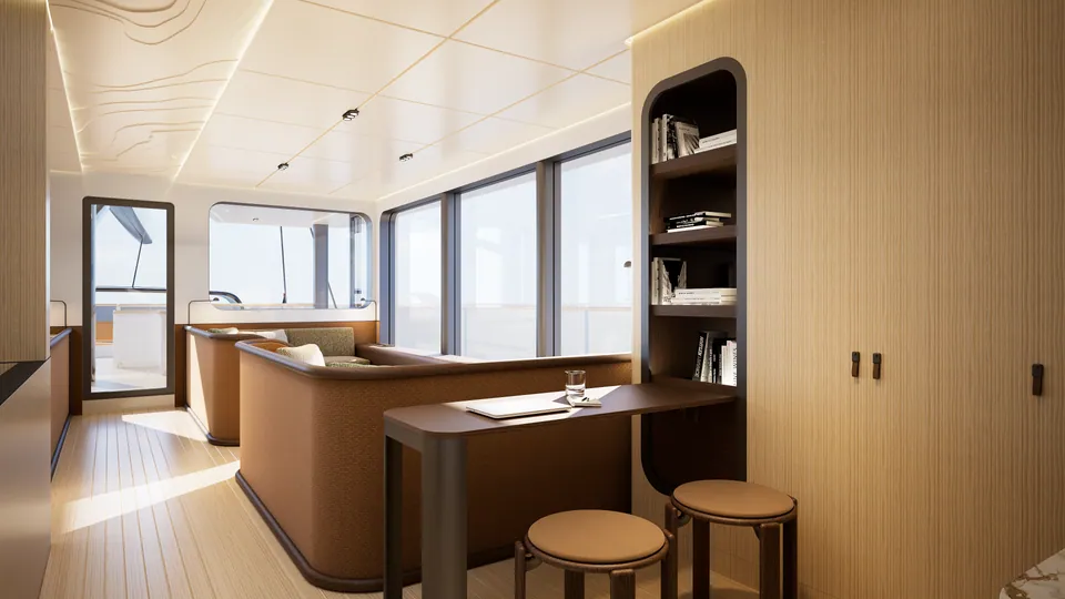 SailXplorer XV53 upper deck library nook — built-in shelving and bar-height seating beside the window