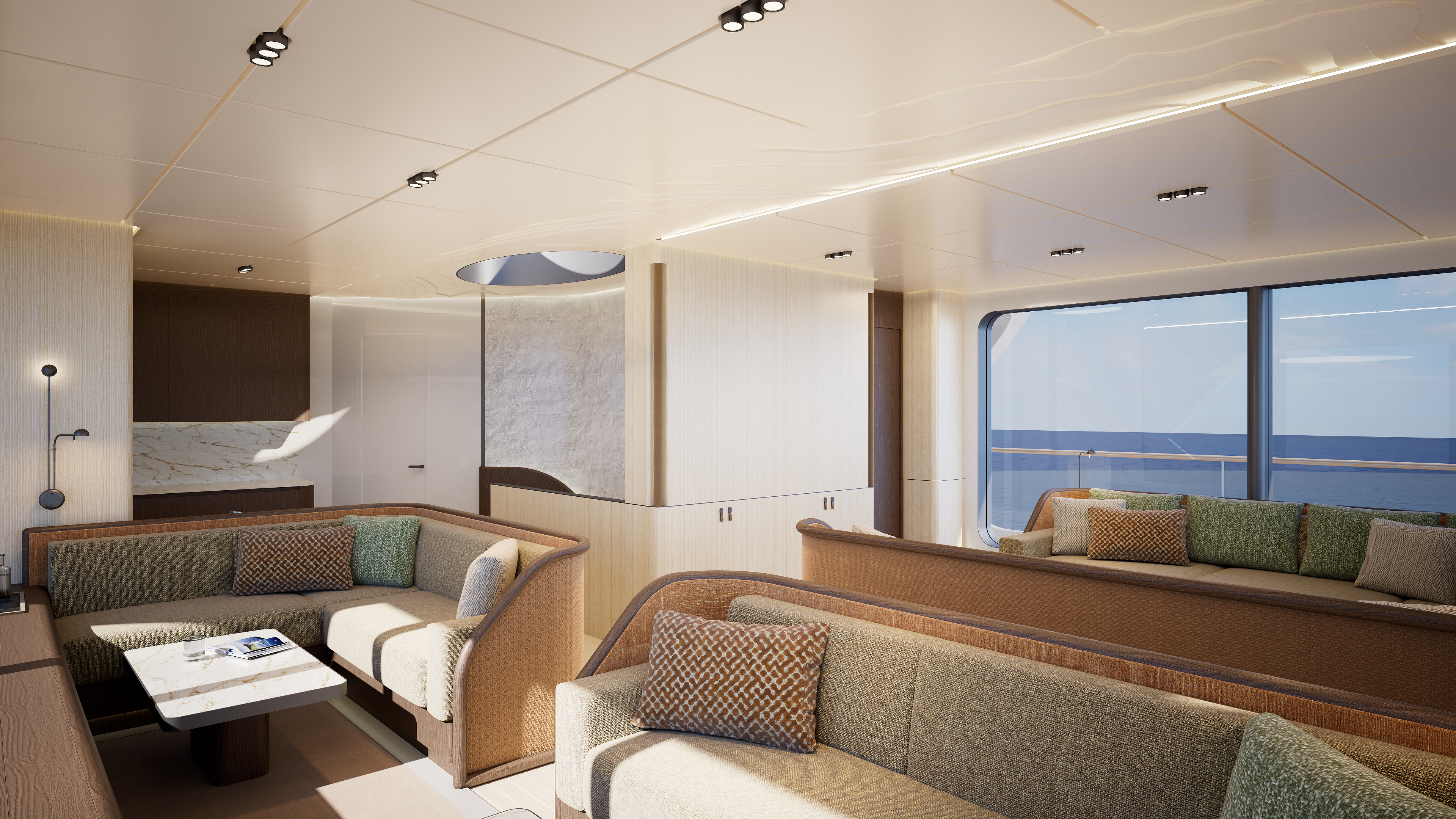 SailXplorer XV53 upper deck lounge — corner seating and galley counter beside floor-to-ceiling ocean-view windows