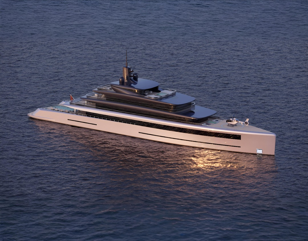 M/Y Waves exterior — aerial three-quarter view of the 93m superyacht at dusk
