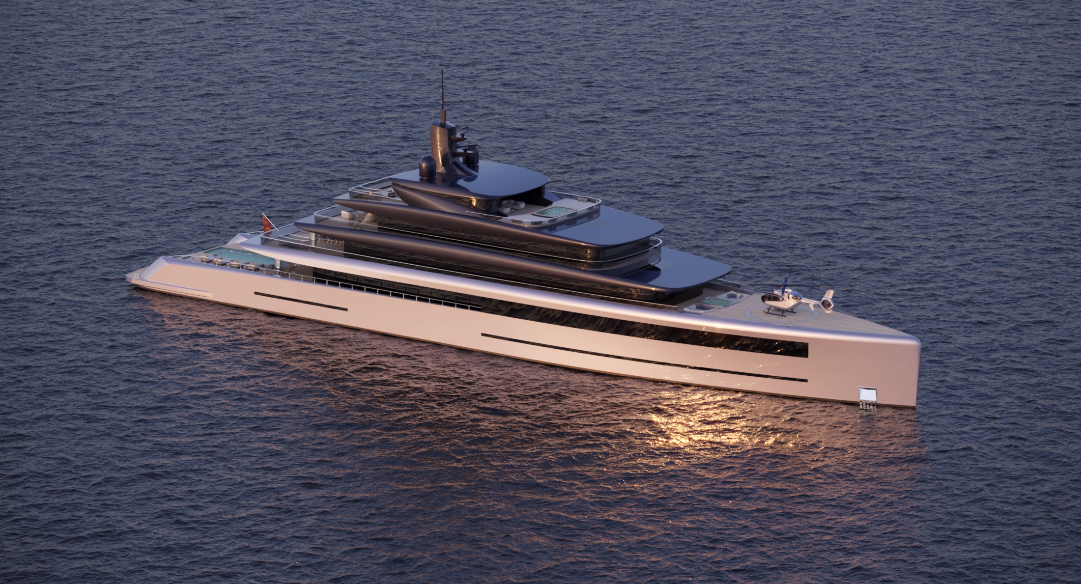 M/Y Waves exterior — three-quarter view of the 93m superyacht underway at golden hour
