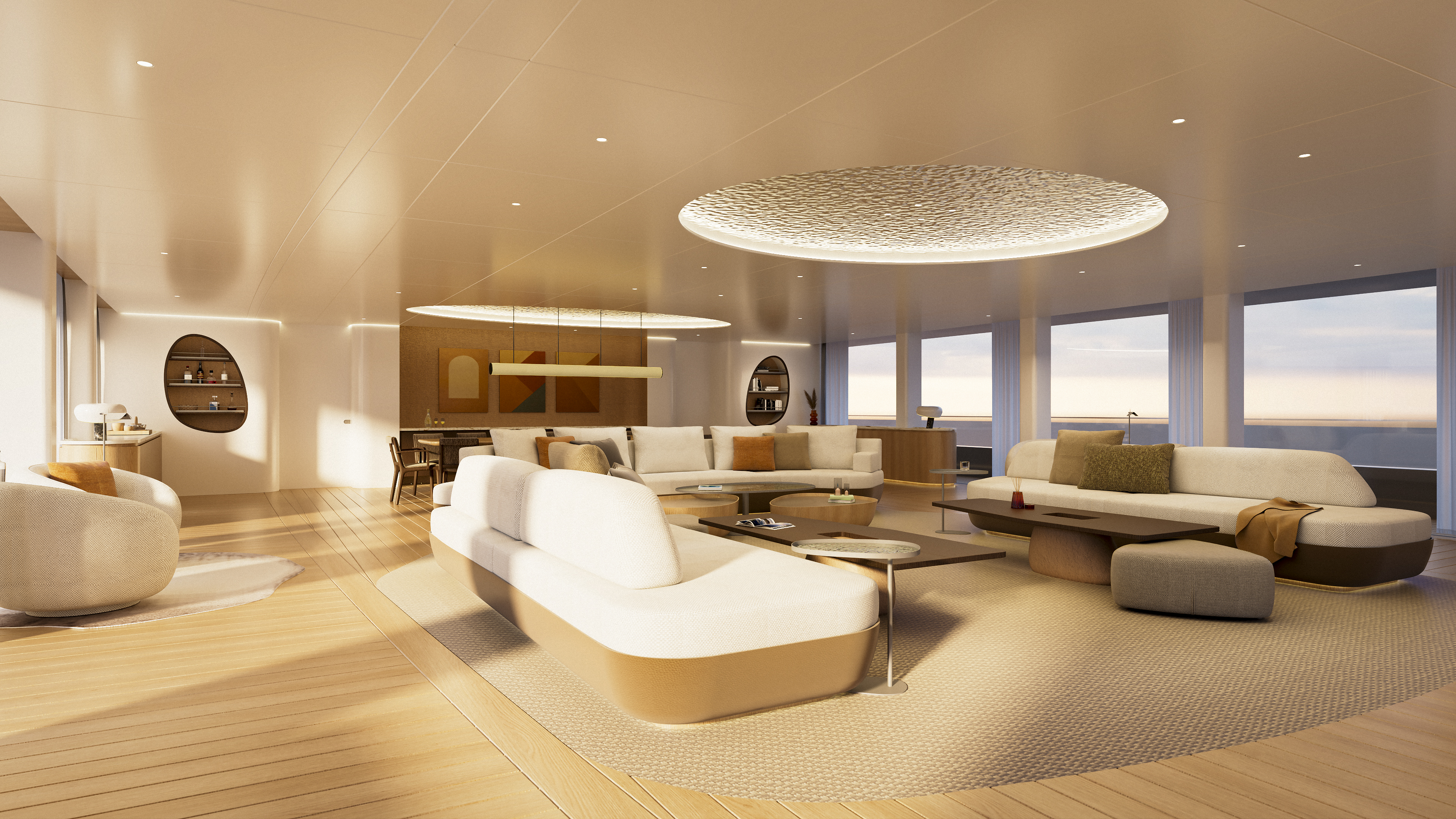 M/Y Waves main saloon — curved sofa seating arranged to face either the horizon or the room