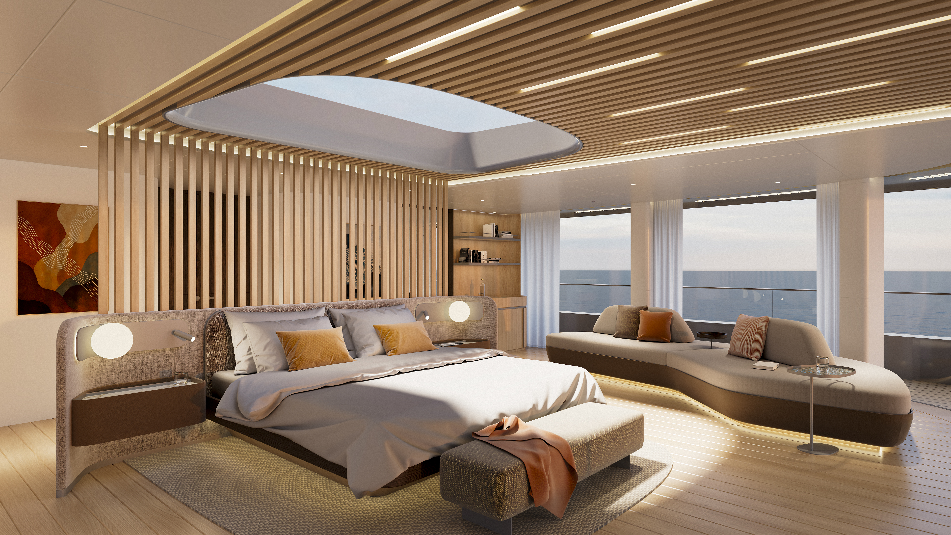 M/Y Waves master cabin — symmetrical bed and lounge layout beneath a programmable skylight, floor-to-ceiling ocean views