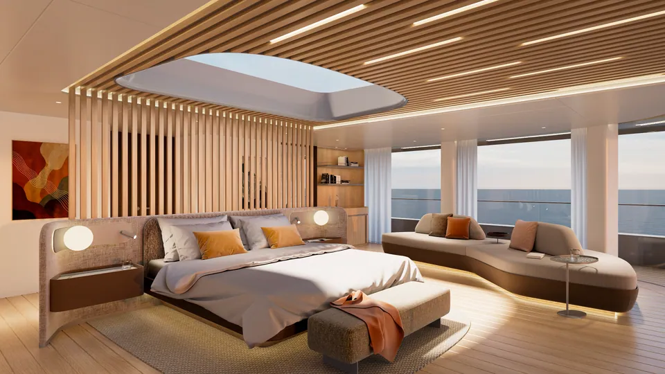 M/Y Waves master cabin — symmetrical bed and lounge layout beneath a programmable skylight, floor-to-ceiling ocean views