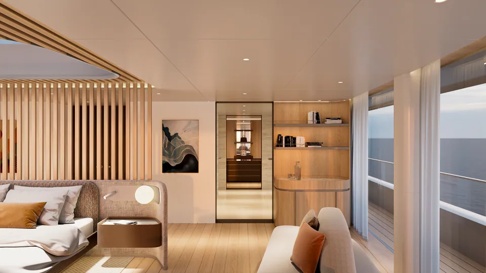 M/Y Waves master cabin — bed with dressing area and mirrored hallway beyond