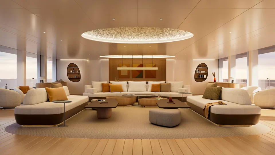 M/Y Waves main saloon — symmetrical lounge seating beneath a circular ceiling feature
