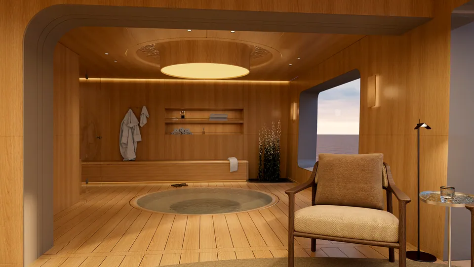 M/Y Waves wellness area — circular jacuzzi and robe nook in a wood-panelled spa room
