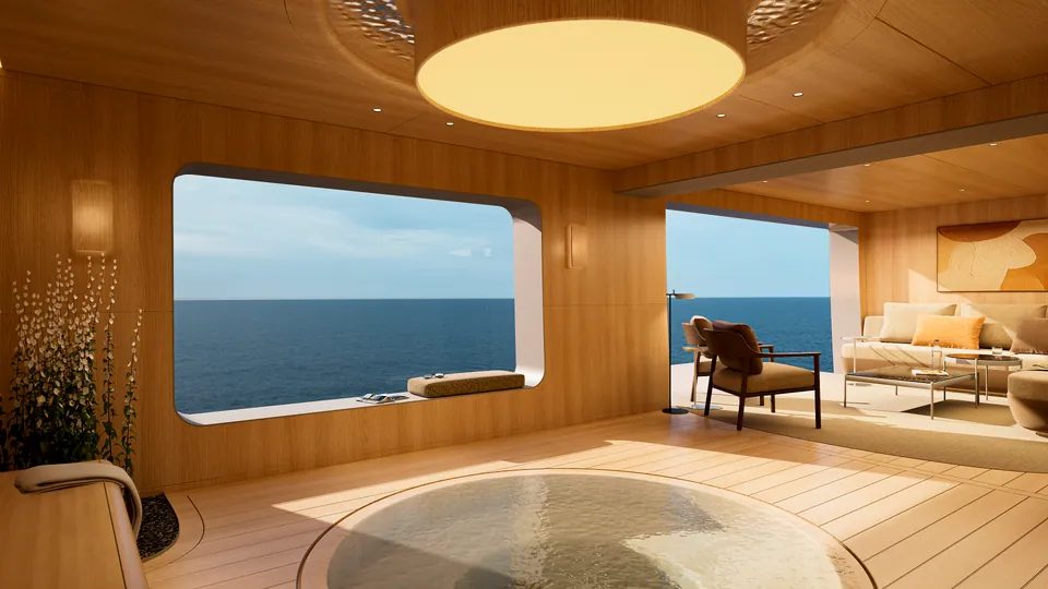 M/Y Waves wellness area — window bench overlooking the sea beside the jacuzzi and lounge seating