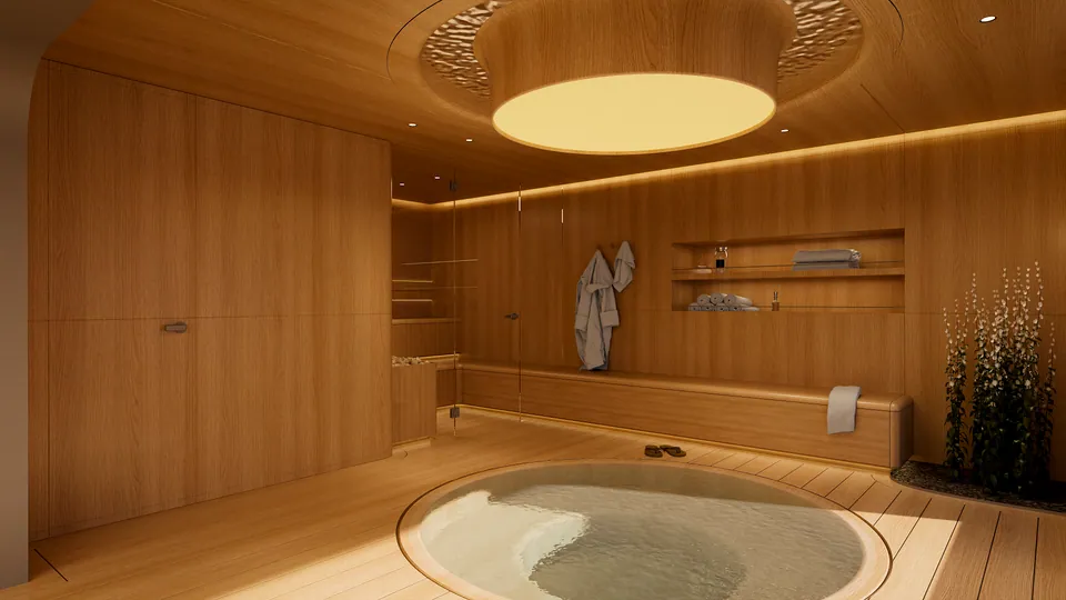M/Y Waves wellness area — jacuzzi detail with robes and built-in shelving
