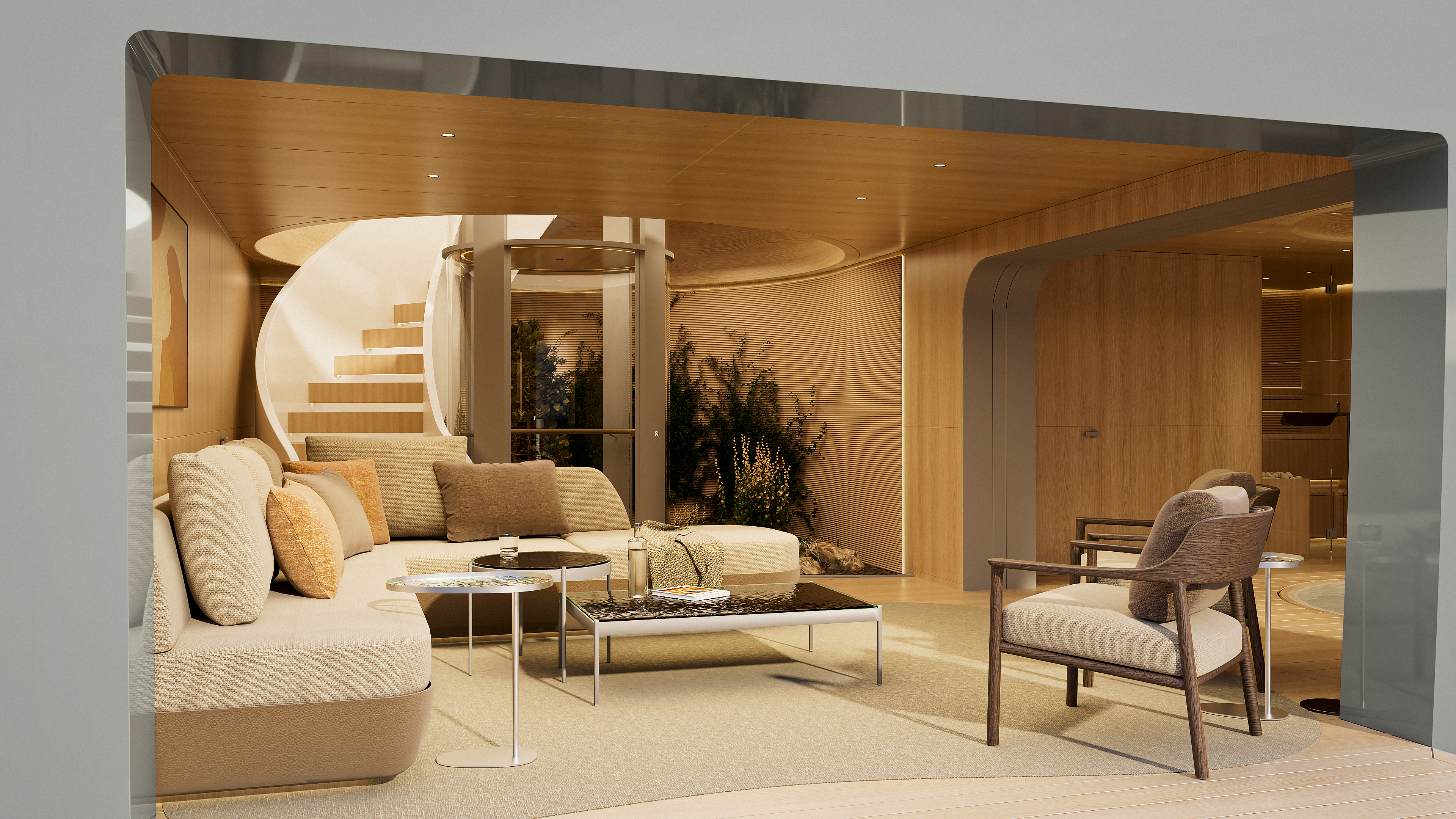 M/Y Waves wellness deck lounge — sofa and armchair beside a spiral staircase and interior planting