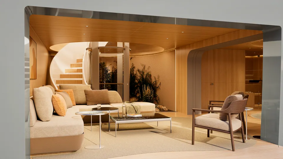 M/Y Waves wellness deck lounge — sofa and armchair beside a spiral staircase and interior planting